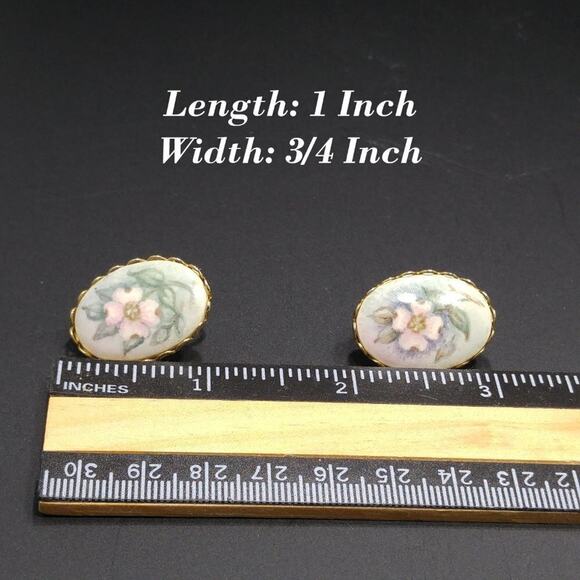 Vintage Hand Painted Porcelain Floral Earrings Oval Clip On Gold Tone Frame - Picture 11 of 12